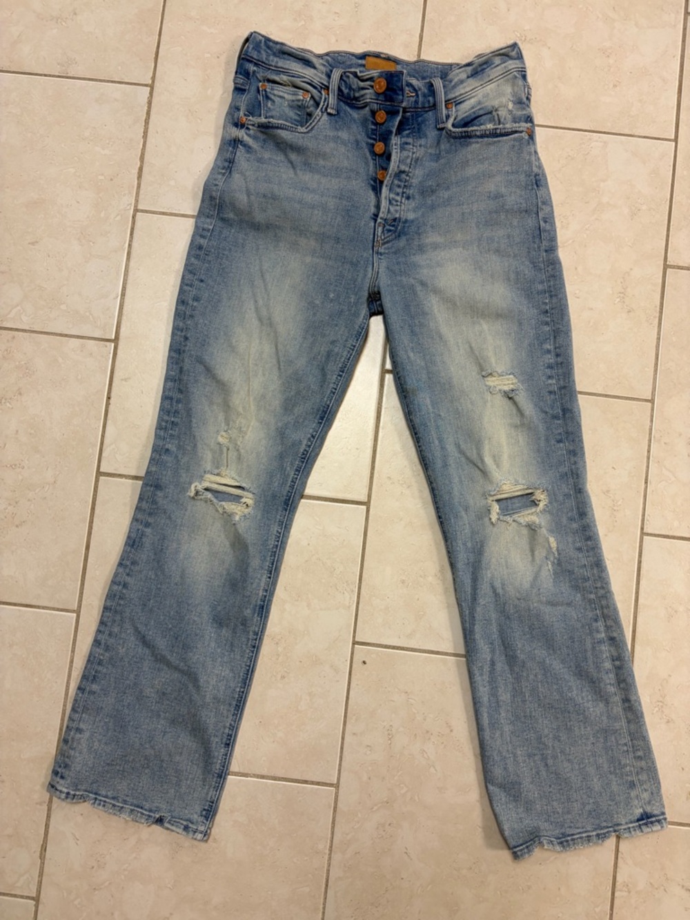 Sz 29 MOTHER Light Wash Distressed Button-Fly Jeans